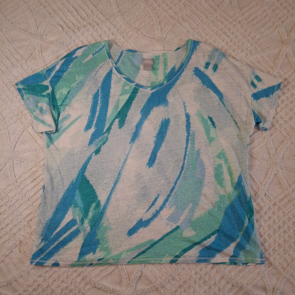 Chicos Womens Large Short Sleeve Top Blue Green Abstract Linen Tee T-Shirt